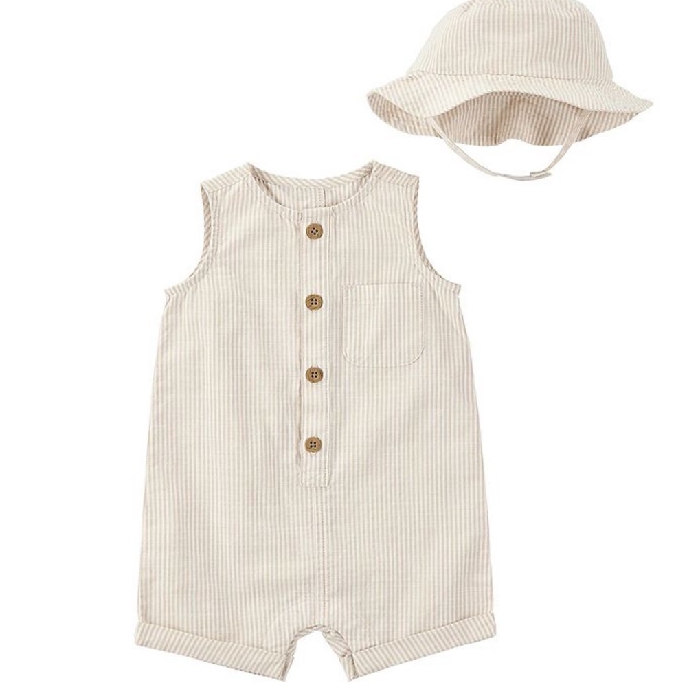 Baby yellow white Striped Romper and Hat Set size 6 M